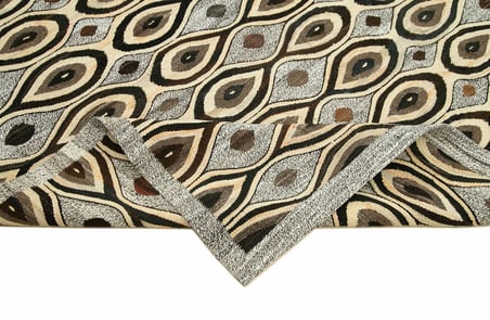 Krem Geometrik Desenli El Dokuma Yünlü Salon Halısı Etnik Modern Stil