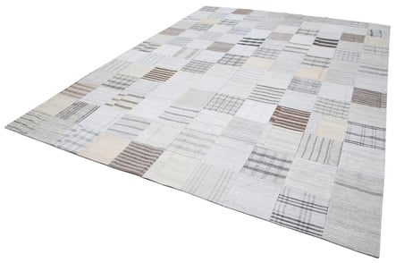 Ekru Gri Geometrik Desenli El Dokuma Salon Kilimi Modern Koridor Tipi