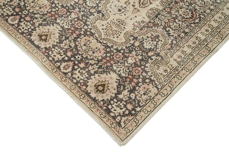 Krem El Dokuma Klasik Çiçekli Salon Halısı Yünlü Eskitme Vintage Tarz