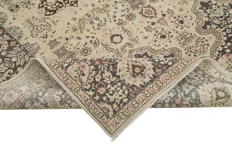 Krem El Dokuma Klasik Çiçekli Salon Halısı Yünlü Eskitme Vintage Tarz