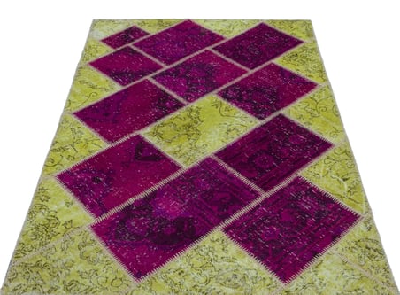 Fuşya Geometrik Desenli Modern El Dokuma Yün Halı Salon Yatak Odası