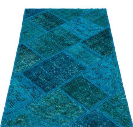 Turkuaz Patchwork Yün El Dokuma Koridor Halısı Modern Salon Yatak Odası
