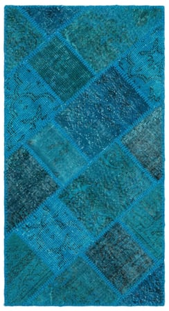 Turkuaz Patchwork Yün El Dokuma Koridor Halısı Modern Salon Yatak Odası