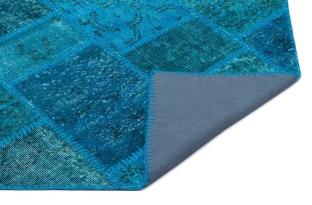Turkuaz Patchwork Yün El Dokuma Koridor Halısı Modern Salon Yatak Odası