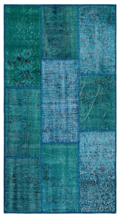 Turkuaz El Dokuma Yün Patchwork Eskitme Salon Halısı Koridor