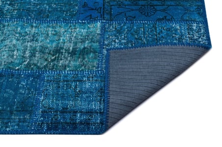 Turkuaz Patchwork El Dokuma Yün Salon Halısı Dokulu Koridor Mutfak