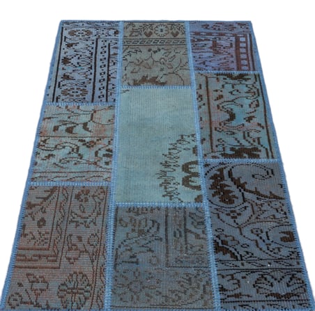 Mavi El Dokuma Yün Salon Halısı Patchwork Desenli Koridor Yatak Odası