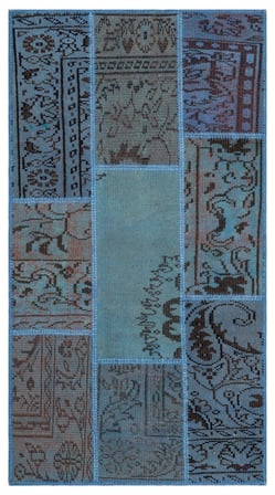 Mavi El Dokuma Yün Salon Halısı Patchwork Desenli Koridor Yatak Odası