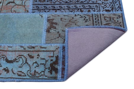 Mavi El Dokuma Yün Salon Halısı Patchwork Desenli Koridor Yatak Odası