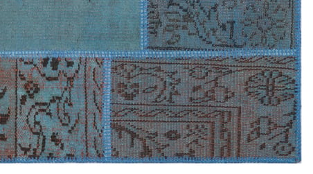 Mavi El Dokuma Yün Salon Halısı Patchwork Desenli Koridor Yatak Odası
