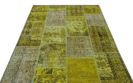 Yeşil Patchwork Desenli Yün El Dokuma Modern Salon Halısı Bohem Stil
