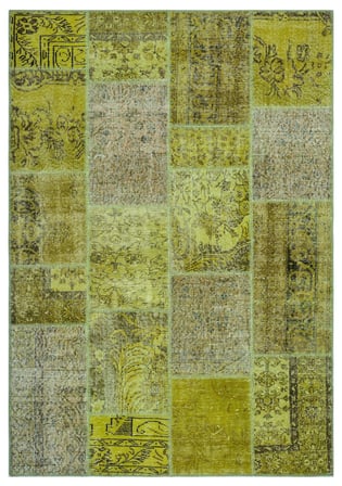 Yeşil Patchwork Desenli Yün El Dokuma Modern Salon Halısı Bohem Stil