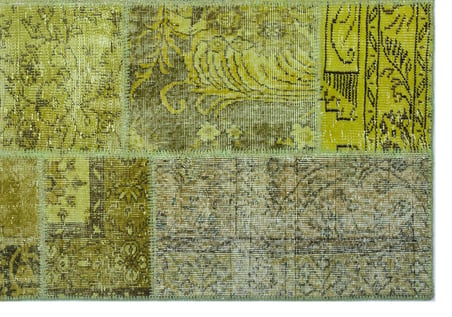 Yeşil Patchwork Desenli Yün El Dokuma Modern Salon Halısı Bohem Stil