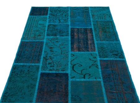 Turkuaz Patchwork El Dokuma Yün Salon Halısı Modern Koridor Yatak Odası
