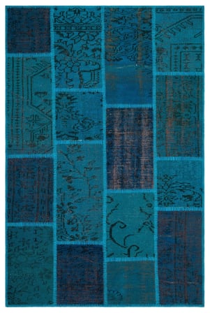 Turkuaz Patchwork El Dokuma Yün Salon Halısı Modern Koridor Yatak Odası