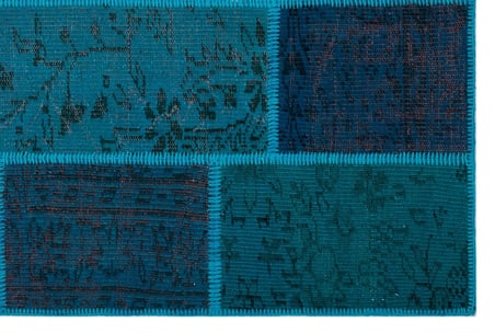 Turkuaz Patchwork El Dokuma Yün Salon Halısı Modern Koridor Yatak Odası