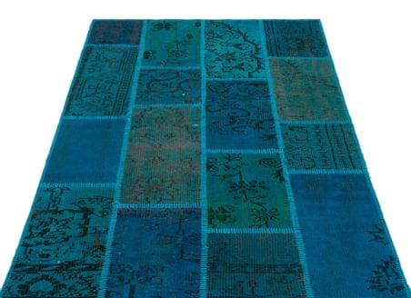Turkuaz Patchwork Desenli Yün El Dokuma Halı Koridor Salon Yatak Odası