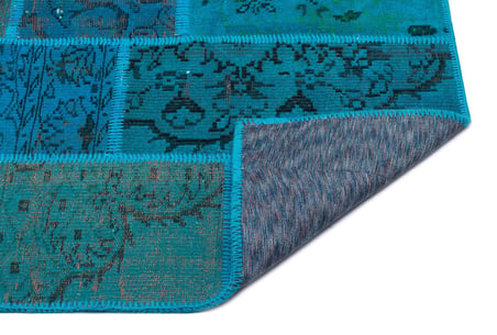 Turkuaz Patchwork Desenli Yün El Dokuma Halı Koridor Salon Yatak Odası