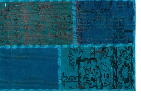Turkuaz Patchwork Desenli Yün El Dokuma Halı Koridor Salon Yatak Odası