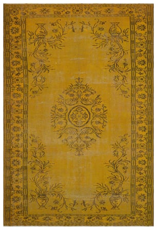 Sarı El Dokuma Halı Eskitme Madalyon Desenli Yün Salon Eskitme Vintage