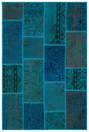Turkuaz Deniz Mavisi Patchwork Modern El Dokuma Salon Halısı Yün Pamuk