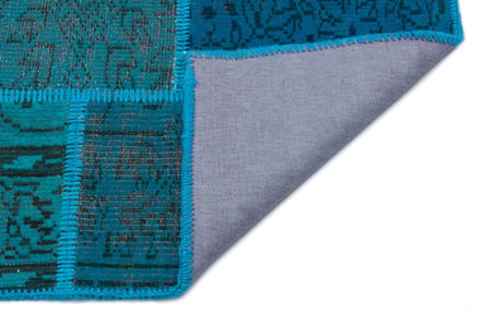 Turkuaz Deniz Mavisi Patchwork Modern El Dokuma Salon Halısı Yün Pamuk