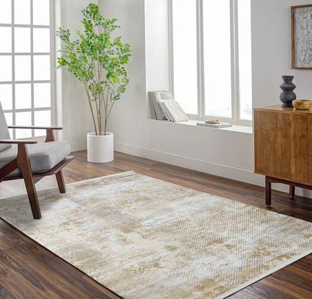 Ekru Soyut Desenli Eskitme Salon Halısı Kaymaz Tabanlı Modern Koridor Halısı