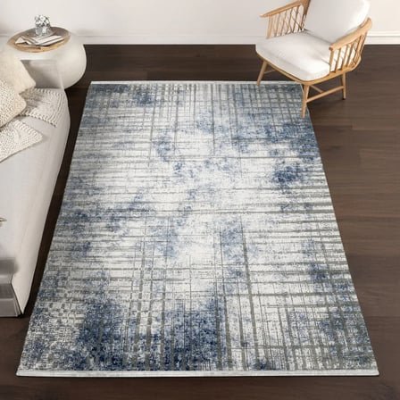 Mavi Krem Soyut Desenli Modern Salon Halısı Koridor Eskitme Vintage