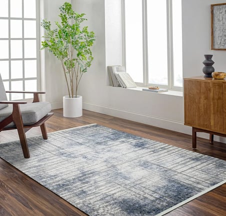 Mavi Krem Soyut Desenli Modern Salon Halısı Koridor Eskitme Vintage