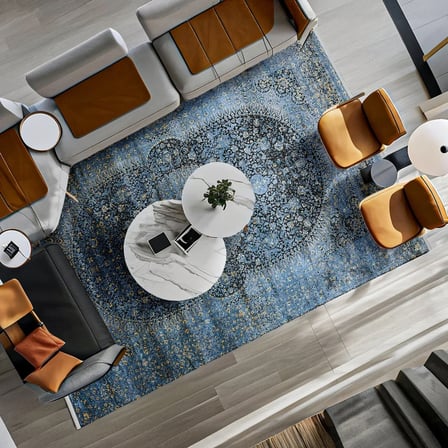 Lacivert Madalyon Desenli Dijital Baskı Salon Halısı Kaymaz Tabanlı