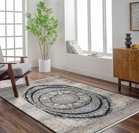 Ekru Madalyon Desenli Salon Halısı Modern Eskitme Stil Koridor Makine Dokuma