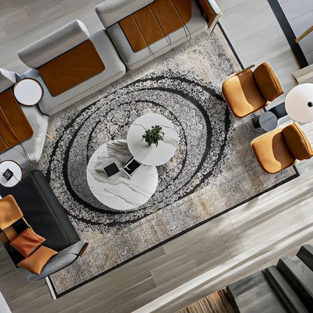 Ekru Madalyon Desenli Salon Halısı Modern Eskitme Stil Koridor Makine Dokuma