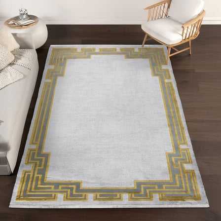 Sarı Ekru Modern Geometrik Desenli Salon Halısı Dijital Baskı Kaymaz Taban