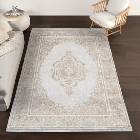 Krem Madalyon Desenli Salon ve Koridor Halısı Eskitme Vintage