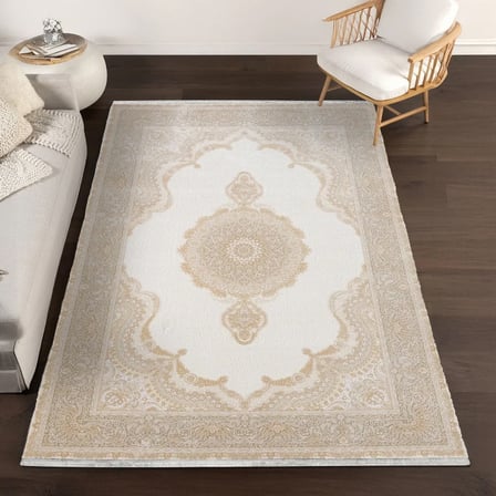 Krem Madalyon Desenli Klasik Salon ve Koridor Halısı Modern Makine Dokuma