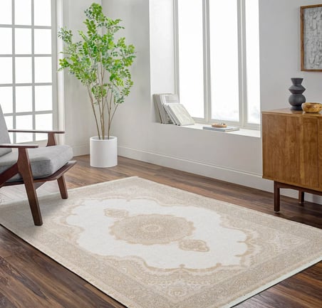 Krem Madalyon Desenli Klasik Salon ve Koridor Halısı Modern Makine Dokuma