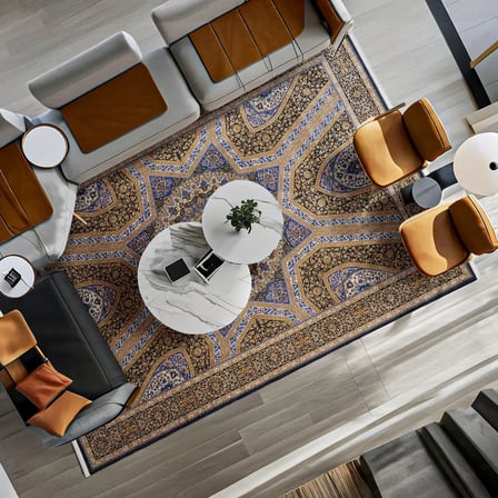 Lacivert Madalyon Desenli Kaymaz Taban Dijital Baskı Halı Salon Koridor Etnik