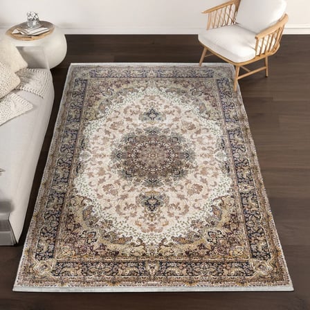 Krem Klasik Madalyonlu Salon Halısı Koridor Eskitme Vintage Makine Dokuma