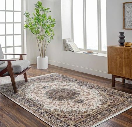 Krem Klasik Madalyonlu Salon Halısı Koridor Eskitme Vintage Makine Dokuma
