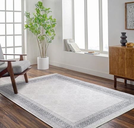 Krem Gri Bordürlü Klasik Salon Halısı Kabartmalı Doku Koridor
