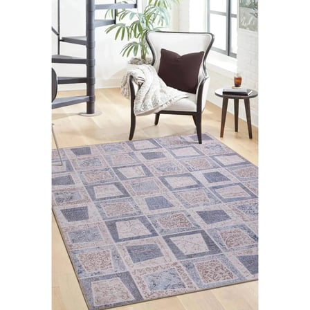 Mavi Indigo Geometrik Desenli Salon Halısı Dijital Baskı Modern Tarz