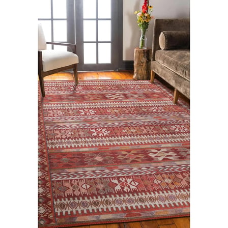 Kırmızı Geometrik Desenli Salon Halısı Dijital Baskı Koridor İçin