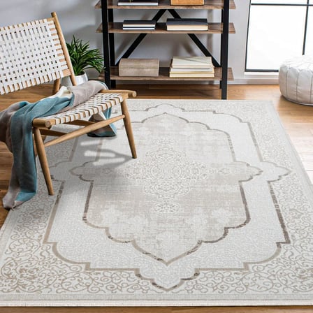 Krem Renk Eskitme Madalyon Desenli Salon Halısı Koridor Vintage Stil