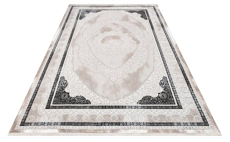 Gri Ekru Madalyon Desenli Klasik Salon Halısı Makine Dokuma Koridor
