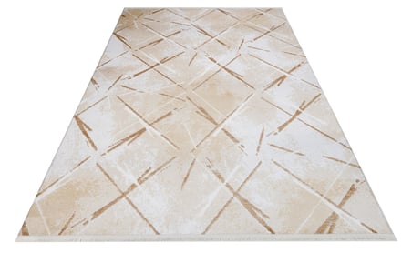 Krem Geometrik Modern Salon Halısı Toz Vermez Koridor Makine Dokuma