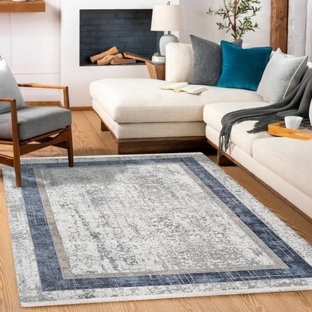 Lacivert Ekru Soyut Desenli Yıkanabilir Kaymaz Tabanlı Modern Salon Halısı