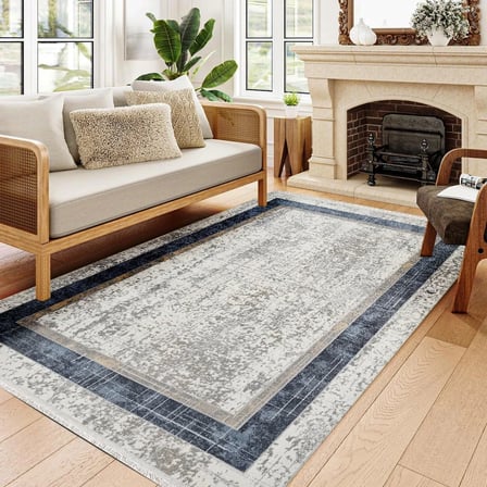 Lacivert Ekru Soyut Desenli Yıkanabilir Kaymaz Tabanlı Modern Salon Halısı