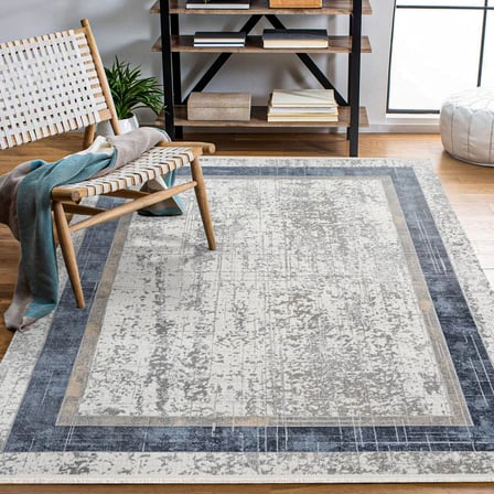 Lacivert Ekru Soyut Desenli Yıkanabilir Kaymaz Tabanlı Modern Salon Halısı