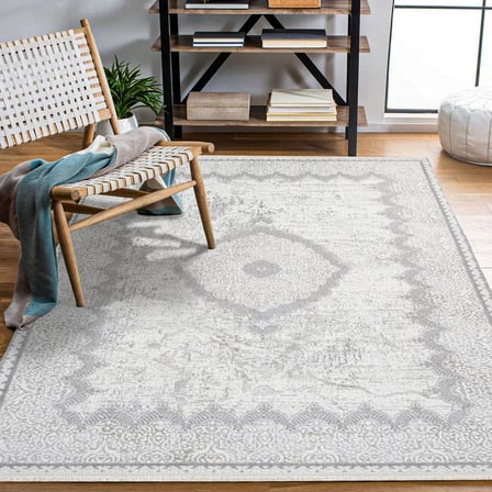 Gri Eskitme Madalyon Desenli Salon Halısı Kaymaz Tabanlı Dijital Baskı