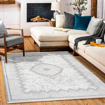 Gri Eskitme Madalyon Desenli Salon Halısı Kaymaz Tabanlı Dijital Baskı